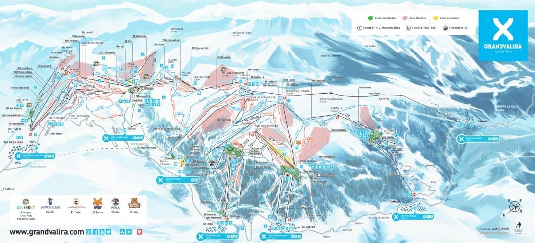 Grandvalira, Andorra, map of the ski resort with all the available slopes and routes 