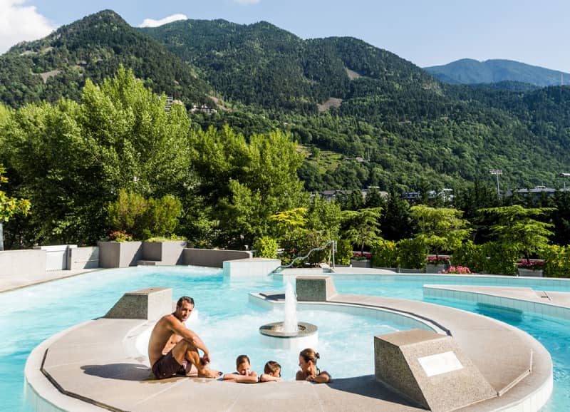 Caldea Inuu in Andorra in Spring and Summer with thermal baths outside 