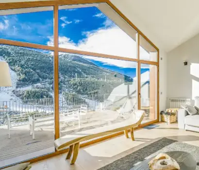 Ski chalet, El Tarter by Kokono - living room with big window with mountain view
